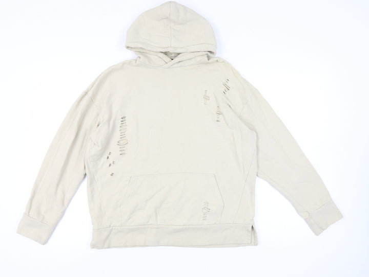 River Island Men’s Beige Distressed Pullover Hoodie M Regular Fit