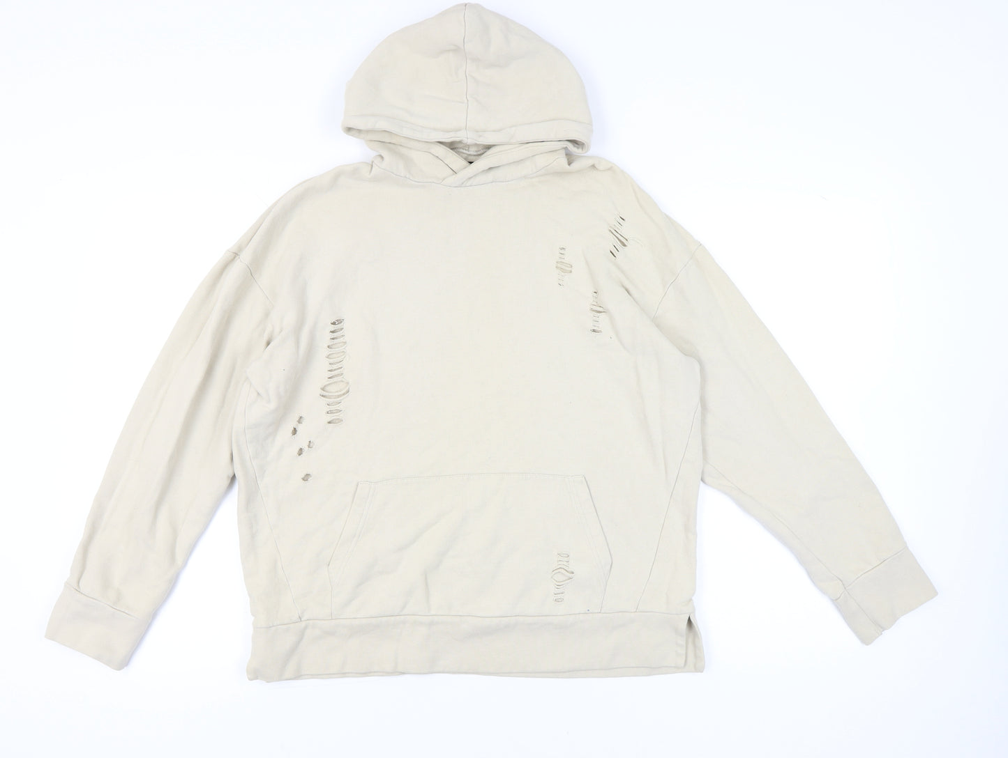 River Island Men’s Beige Distressed Pullover Hoodie M Regular Fit