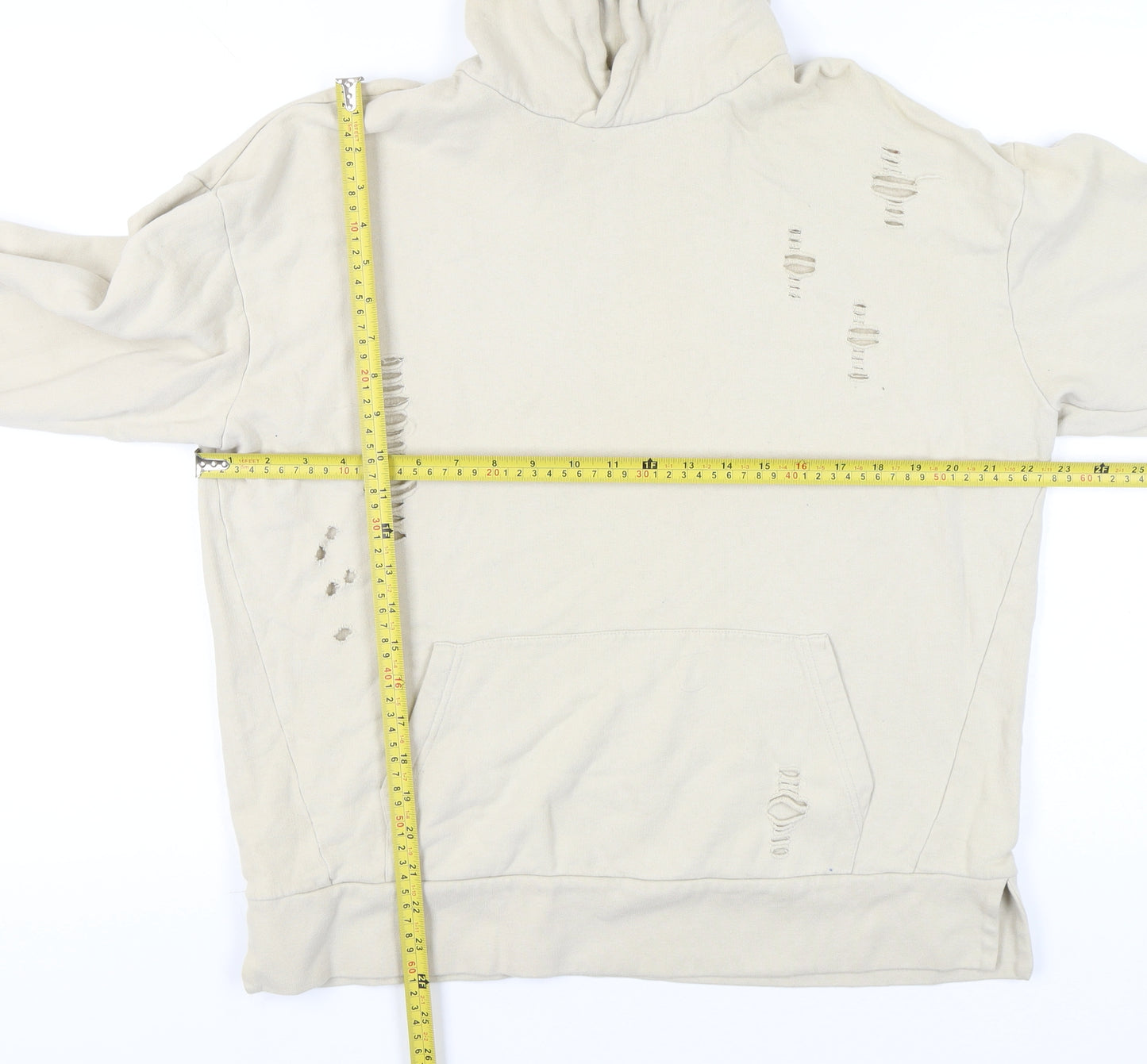 River Island Men’s Beige Distressed Pullover Hoodie M Regular Fit