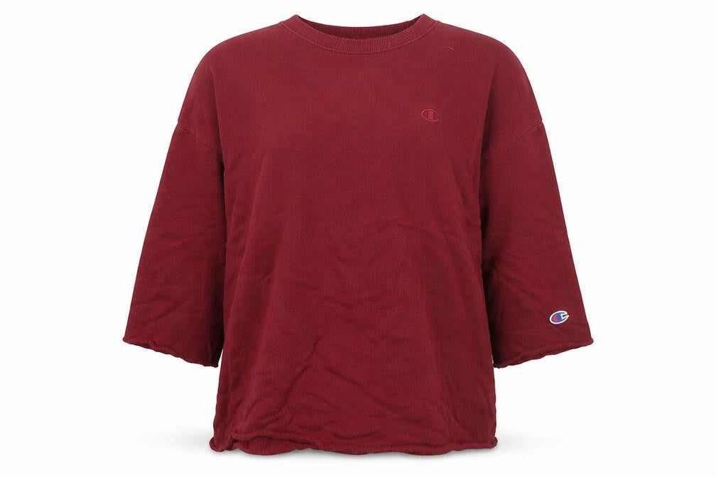 Front view of Champion women’s red sweatshirt medium pullover logo casual