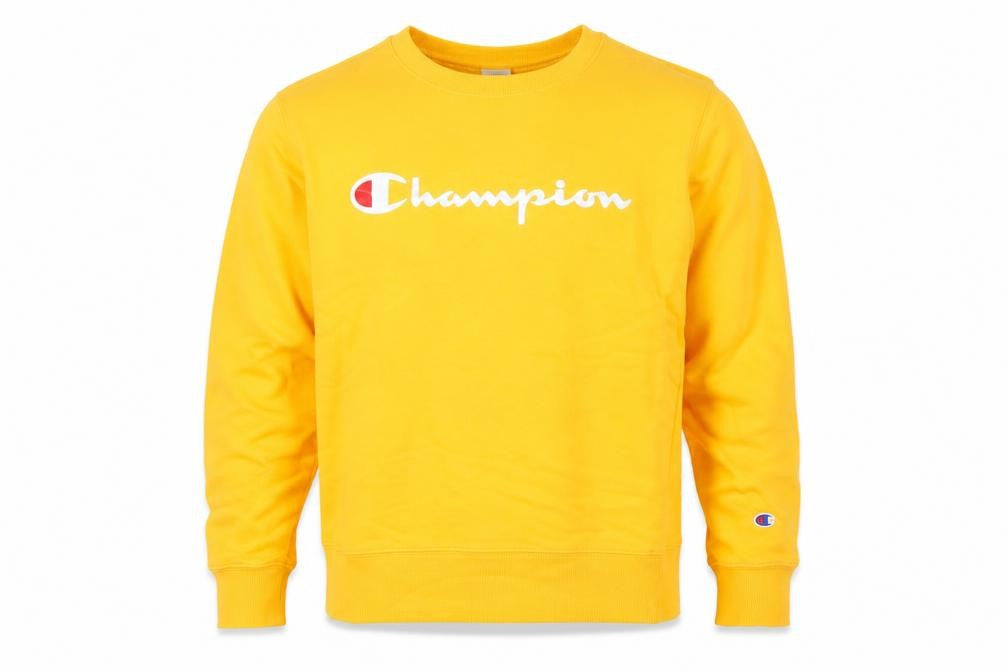 Front view of Champion men’s yellow medium sweatshirt pullover crew neck logo