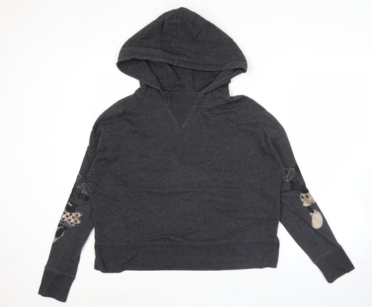 Front view of Disney Gap women’s charcoal hoodie xs pullover embroidered love graphic