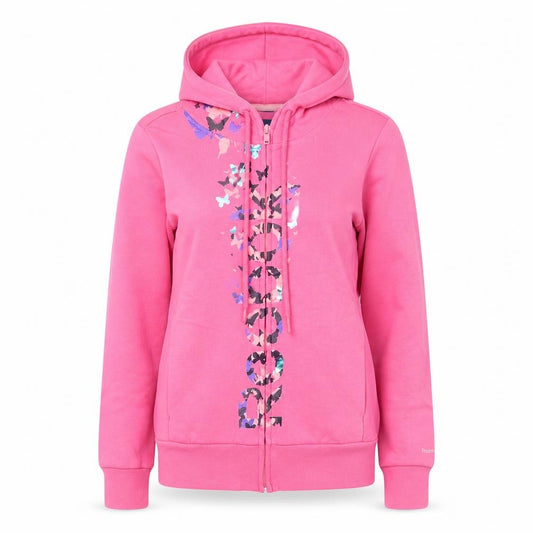Front view of Reebok women’s pink full zip hoodie, size UK 10, butterfly print
