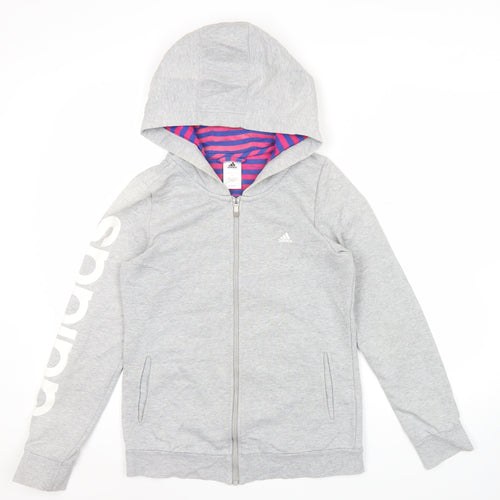 Adidas Women Grey Full Zip Hoodie Size 10 Regular Fit Logo Sportswear