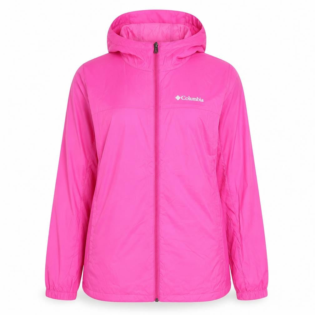 Front view of Columbia Teens Pink Waterproof Hooded Rain Jacket L 14/15