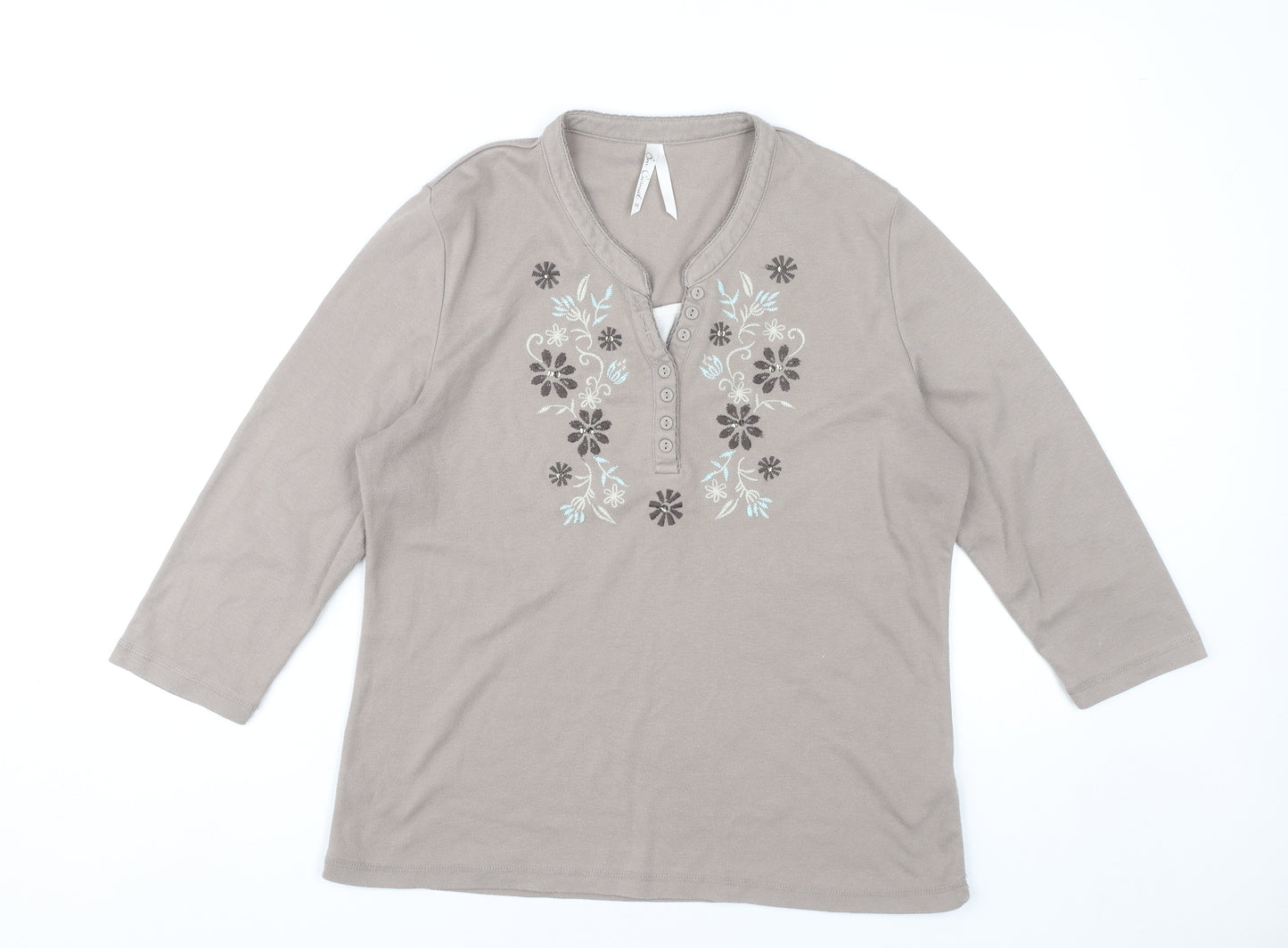 Bm Women’s Beige Floral Embroidered Henley Tunic Top Size M