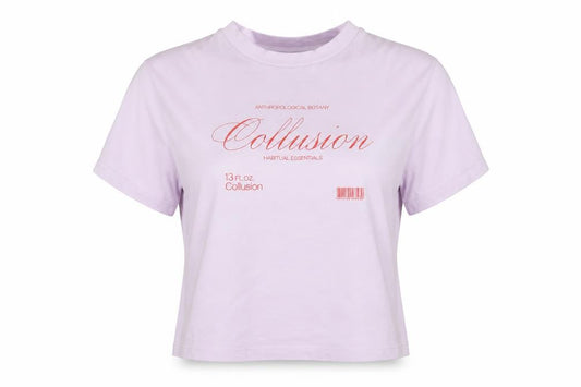 Front view of Collusion Women's Purple Cropped T-Shirt, size 8, Short Sleeve Cotton