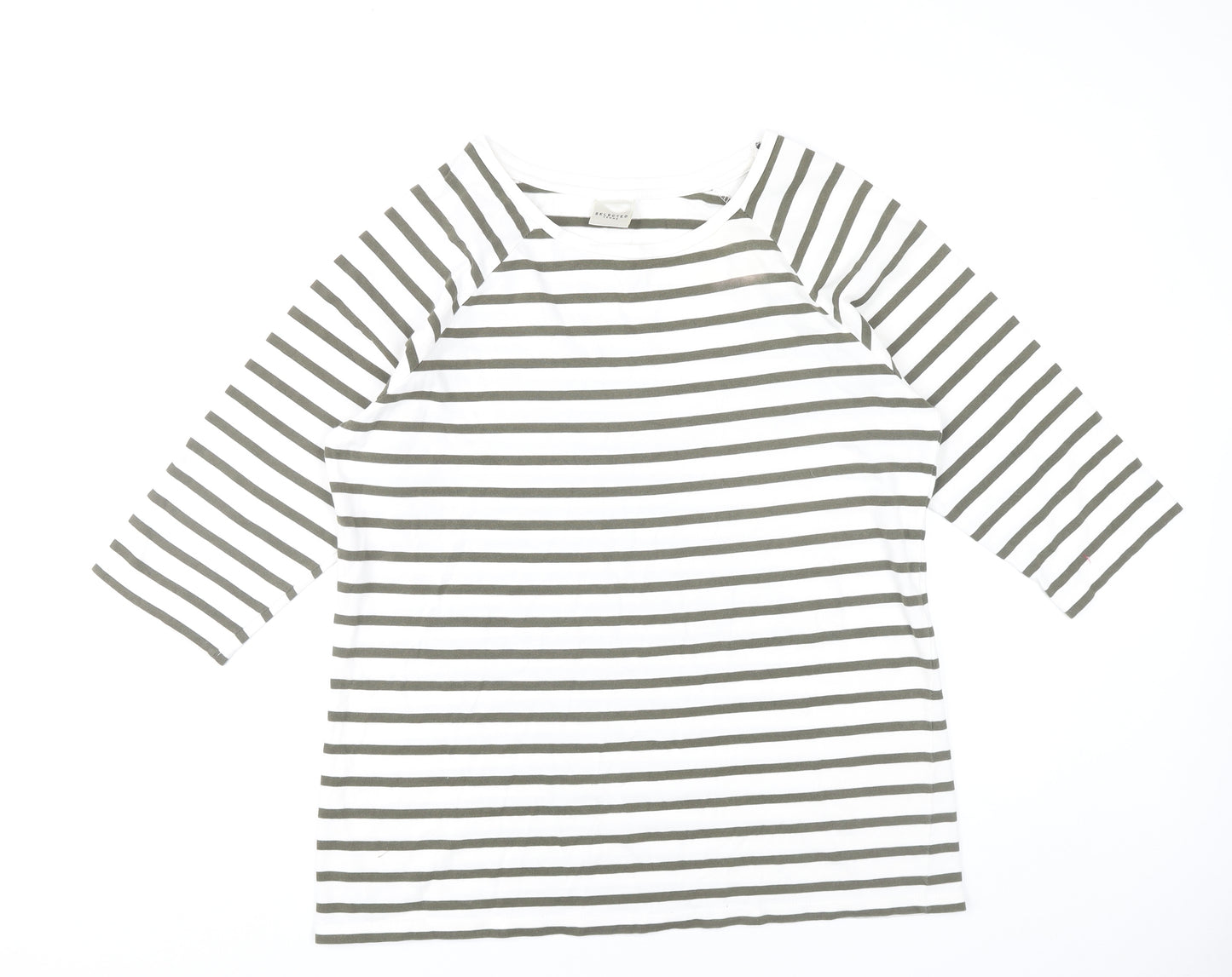 Selected Femme Women’s White Green Striped XL Boat Neck 3/4 Sleeve T-Shirt