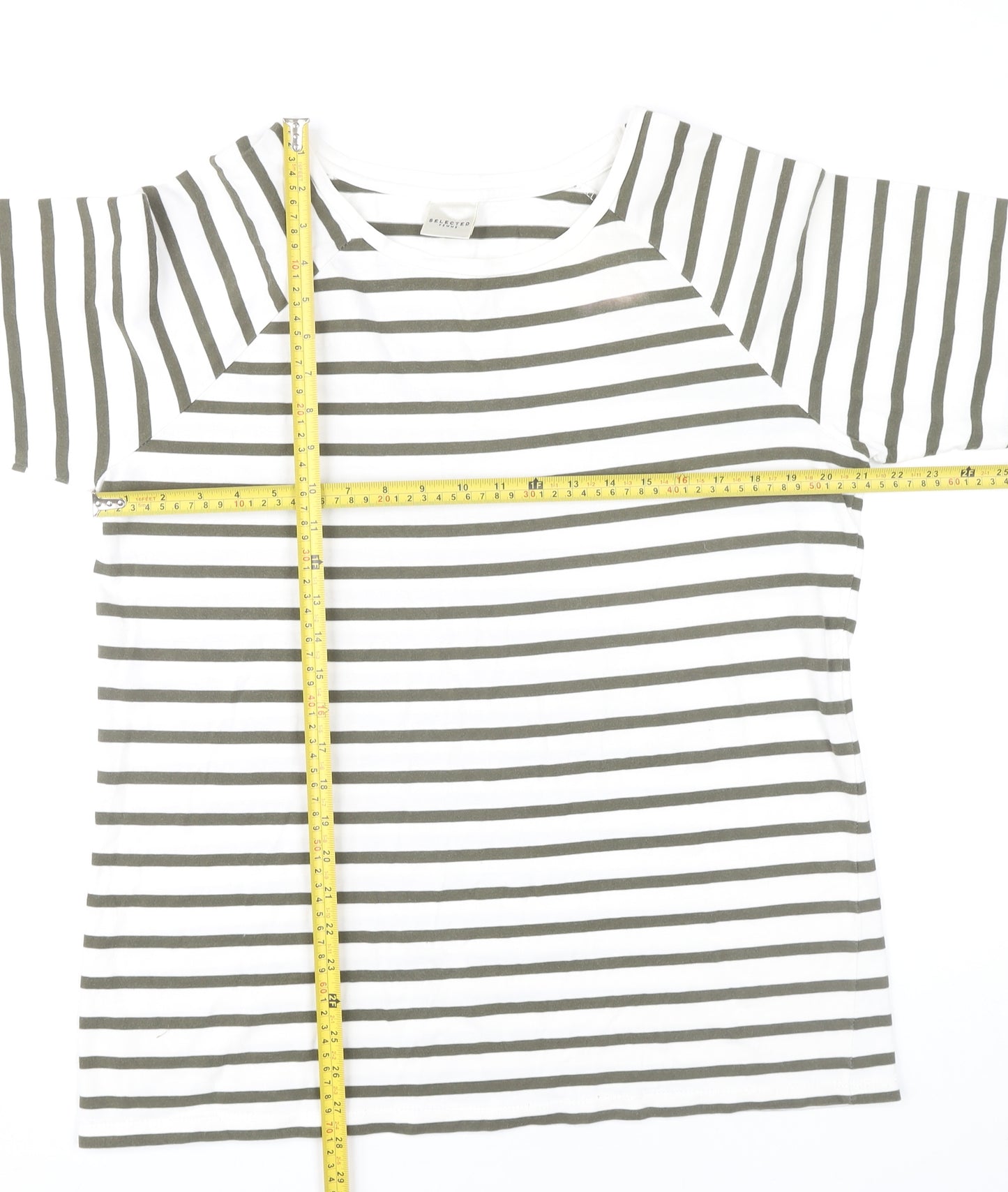 Selected Femme Women’s White Green Striped XL Boat Neck 3/4 Sleeve T-Shirt