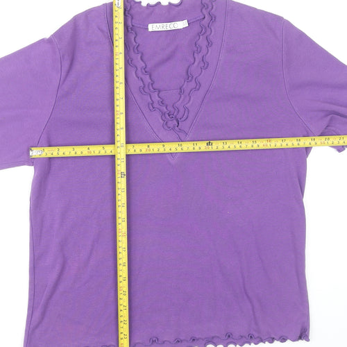 Emreco Womens Purple V-Neck Ruffle Trim Short Sleeve T-Shirt Size 20
