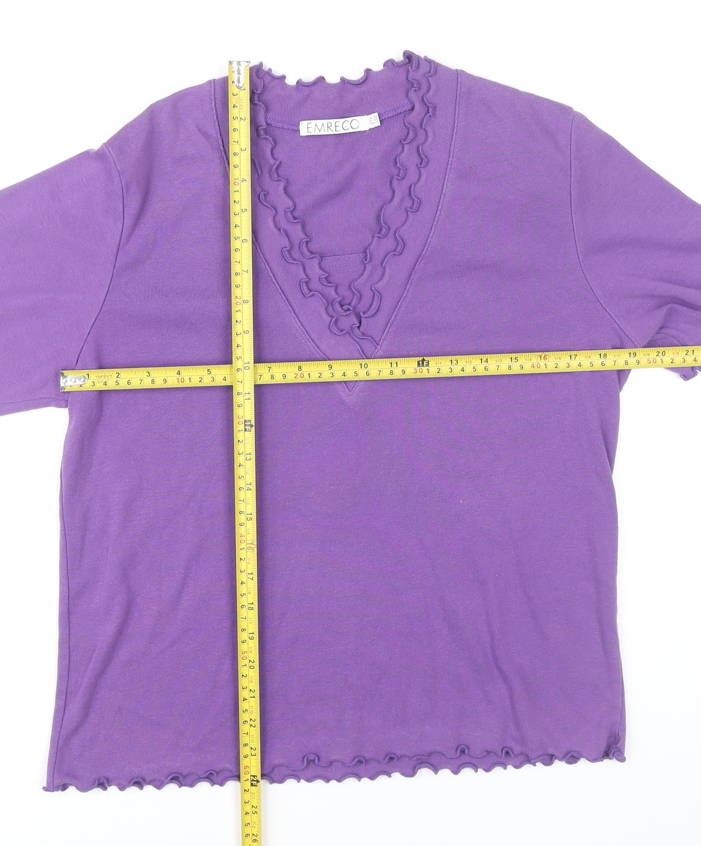 Emreco Womens Purple V-Neck Ruffle Trim Short Sleeve T-Shirt Size 20