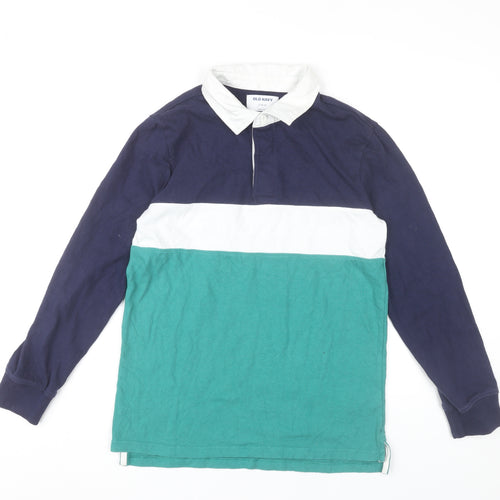Old Navy Boys XL 14-16 Blue Green Colourblock Long Sleeve Polo Shirt