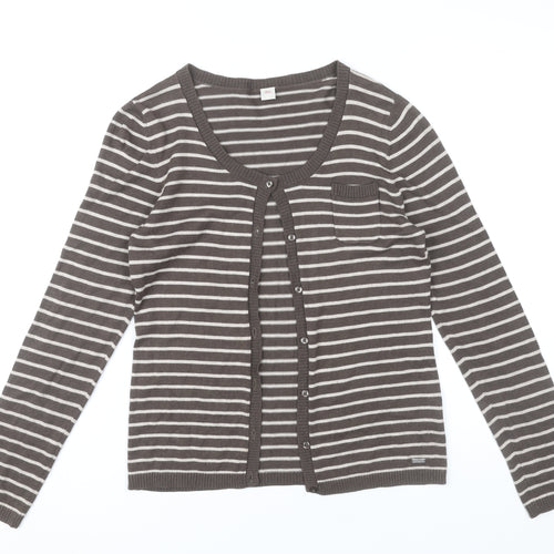 s.Oliver Women’s Brown Striped Cardigan Size 10 Scoop Neck Knit