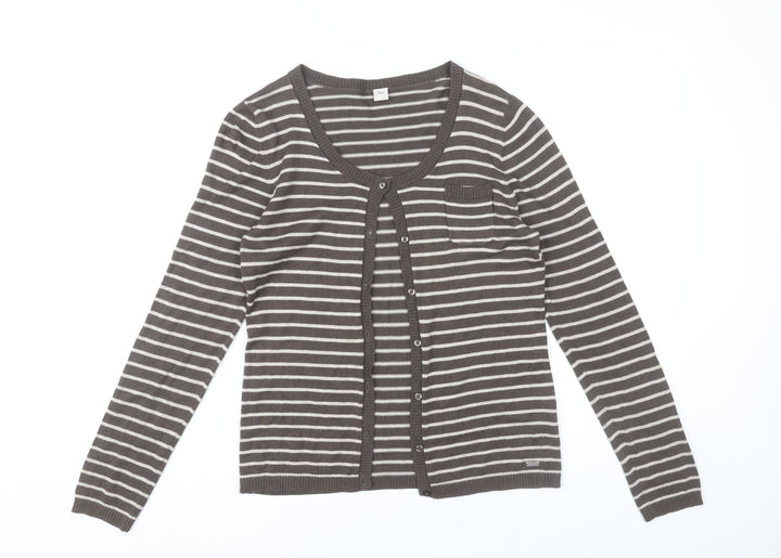 s.Oliver Women’s Brown Striped Cardigan Size 10 Scoop Neck Knit
