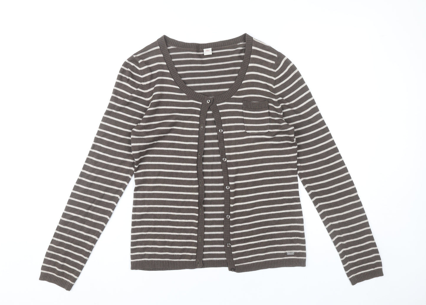 s.Oliver Women’s Brown Striped Cardigan Size 10 Scoop Neck Knit