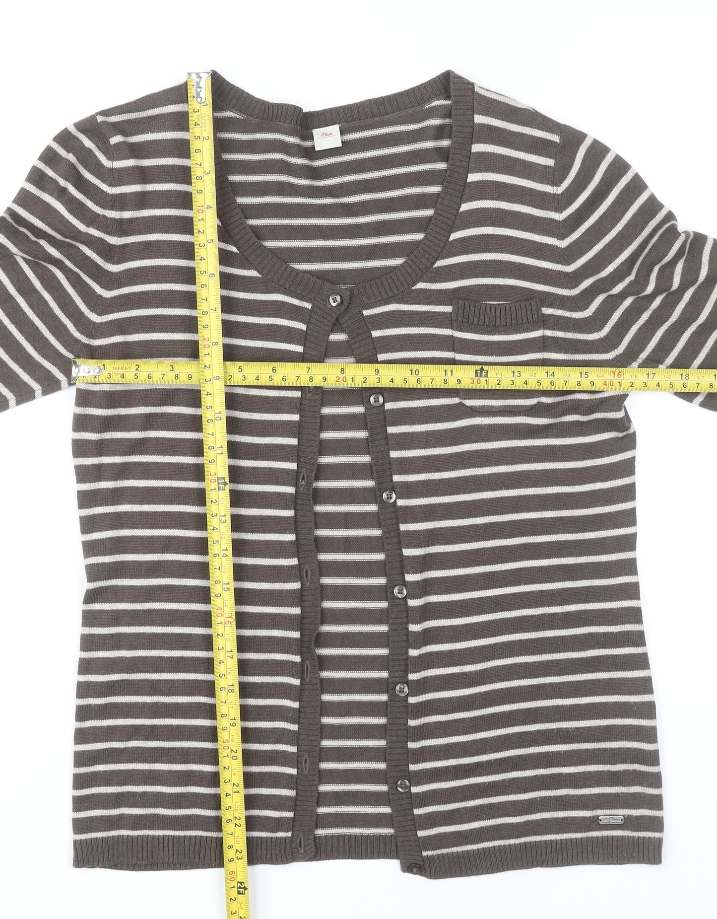 s.Oliver Women’s Brown Striped Cardigan Size 10 Scoop Neck Knit