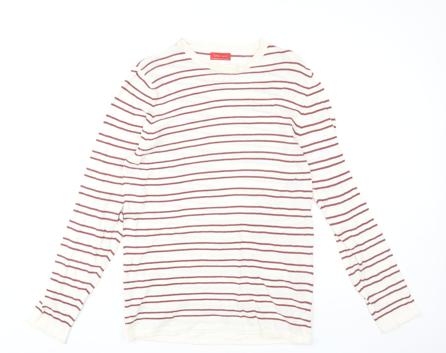 Zara Man Men's White Striped Cotton Pullover Jumper Size M