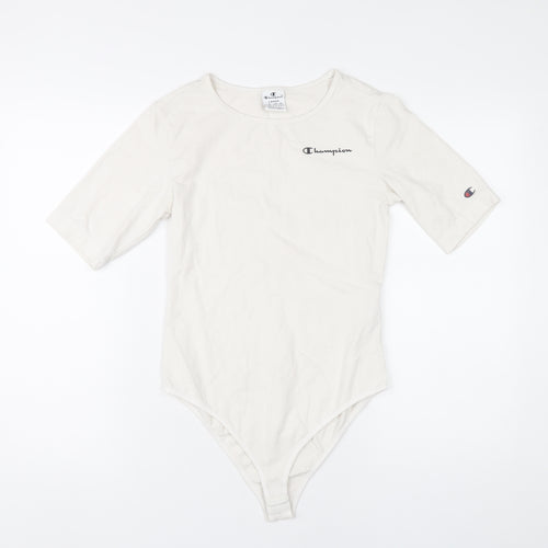 Champion Women Ivory Bodysuit L Scoop Neck Logo Cotton Stretch