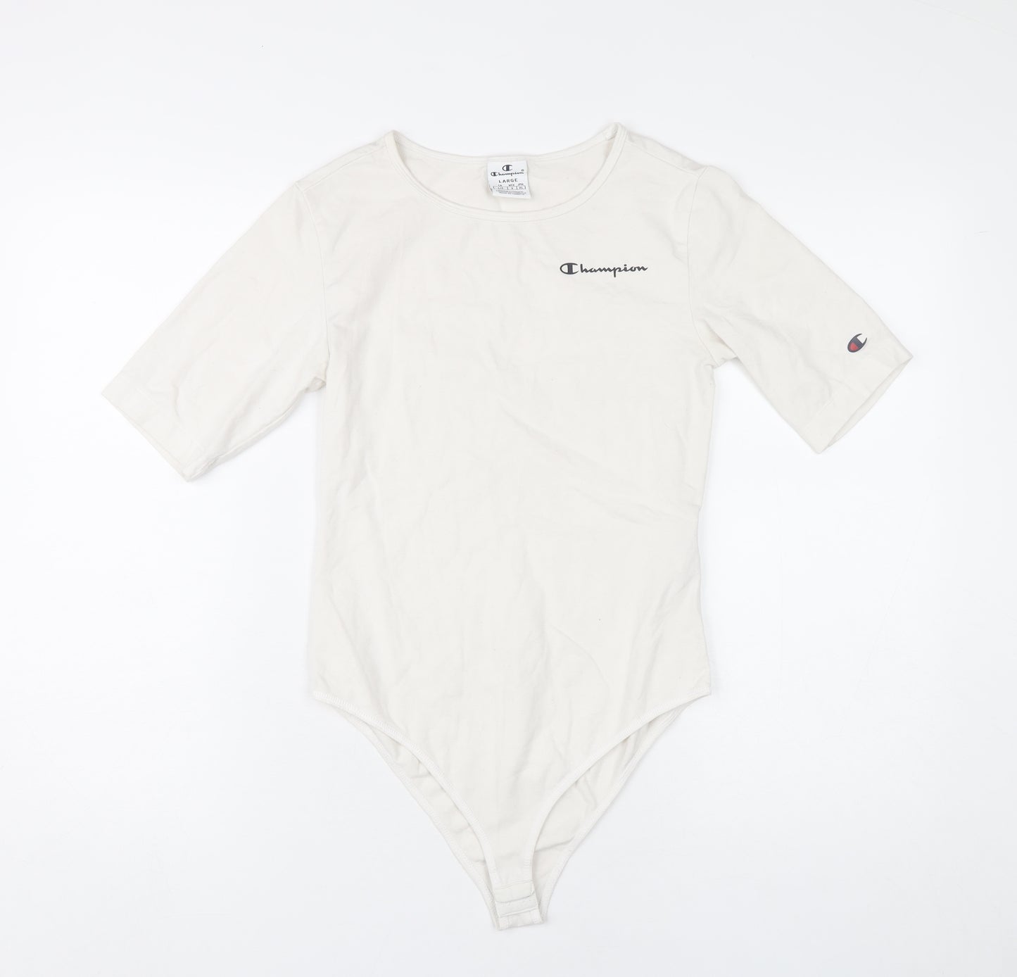 Champion Women Ivory Bodysuit L Scoop Neck Logo Cotton Stretch
