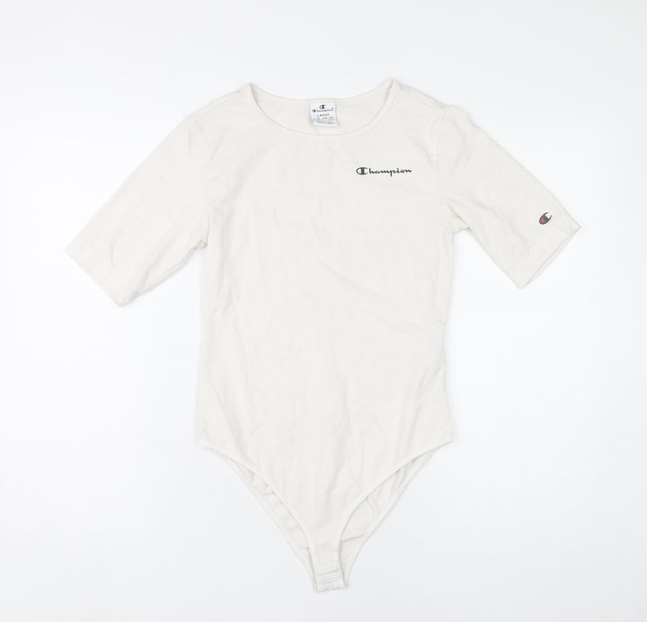 Champion Women Ivory Bodysuit L Scoop Neck Logo Cotton Stretch