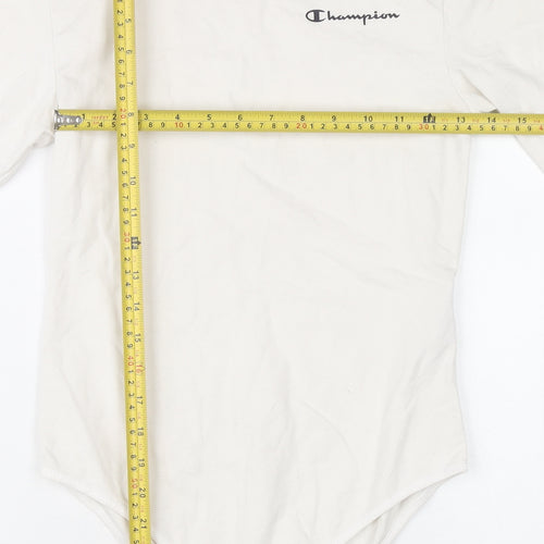 Champion Women Ivory Bodysuit L Scoop Neck Logo Cotton Stretch