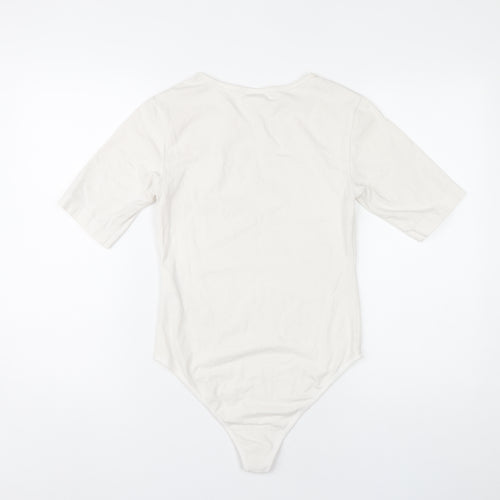 Champion Women Ivory Bodysuit L Scoop Neck Logo Cotton Stretch