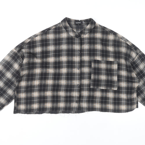 Boohoo Women Black Checked Cropped Button-Up Shirt UK 12