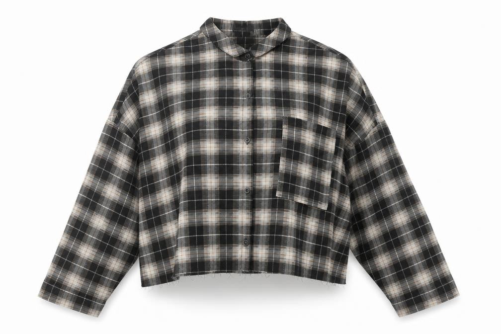 Boohoo Women Black Checked Cropped Button-Up Shirt UK 12