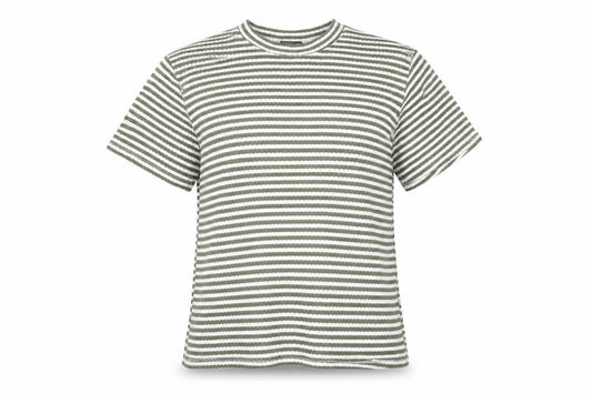 Front view of ASOS Design Women’s Green White Striped T-Shirt, size S, UK 8-10