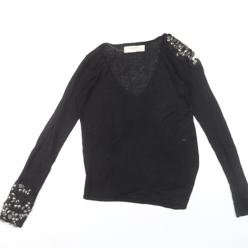 Zara Women’s Black Beaded V-Neck Knit Jumper Size S