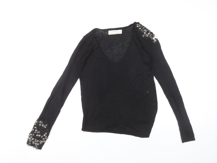 Zara Women’s Black Beaded V-Neck Knit Jumper Size S
