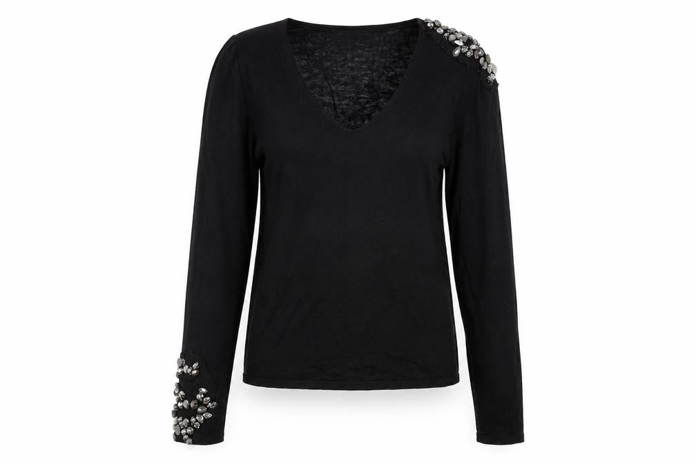 Zara Women’s Black Beaded V-Neck Knit Jumper Size S