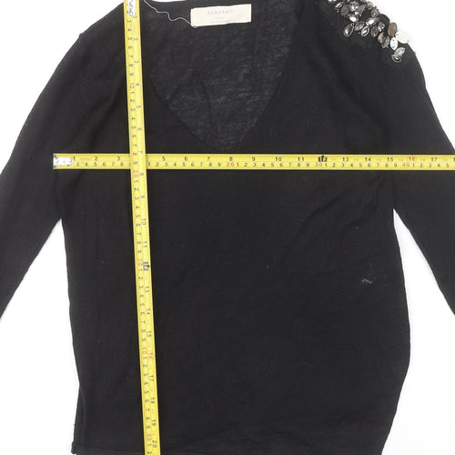 Zara Women’s Black Beaded V-Neck Knit Jumper Size S