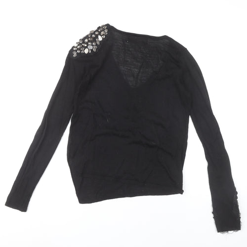 Zara Women’s Black Beaded V-Neck Knit Jumper Size S