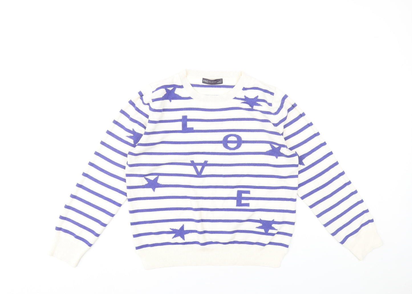 Marks and Spencer Women’s Blue Striped LOVE Jumper Size 12