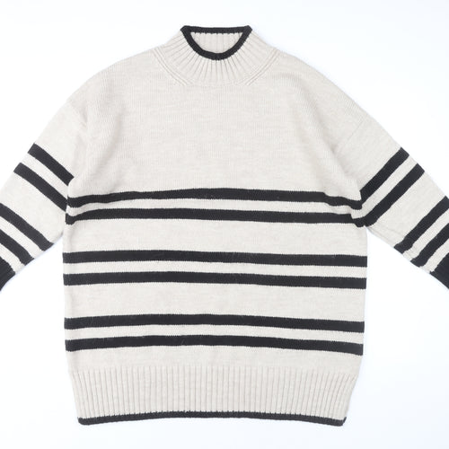 Next Women’s Beige Black Striped Pullover Jumper L Mock Neck Knitwear