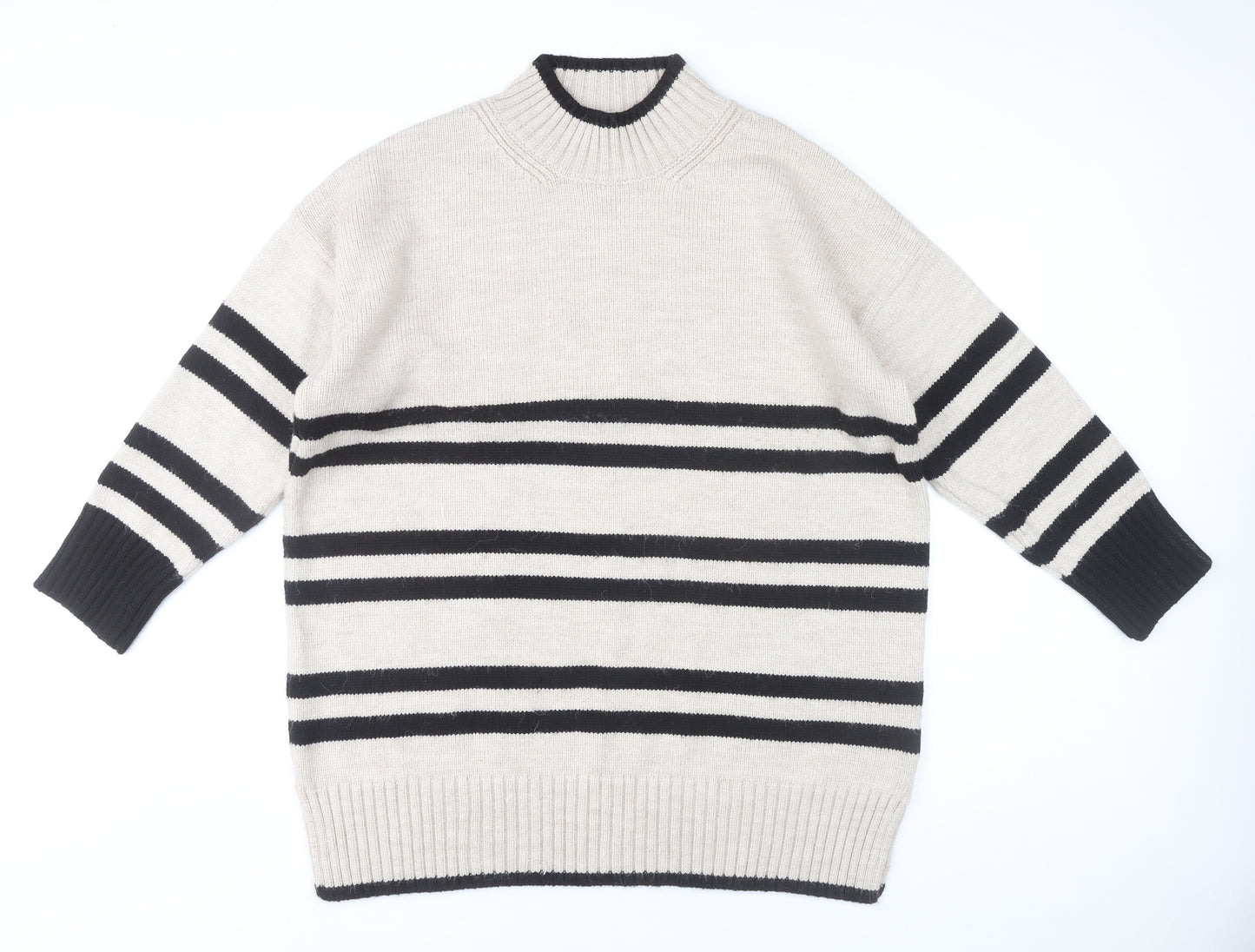 Next Women’s Beige Black Striped Pullover Jumper L Mock Neck Knitwear