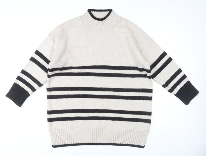 Next Women’s Beige Black Striped Pullover Jumper L Mock Neck Knitwear