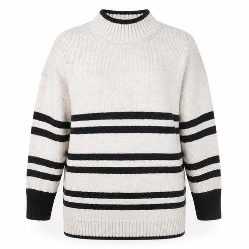 Next Women’s Beige Black Striped Pullover Jumper L Mock Neck Knitwear