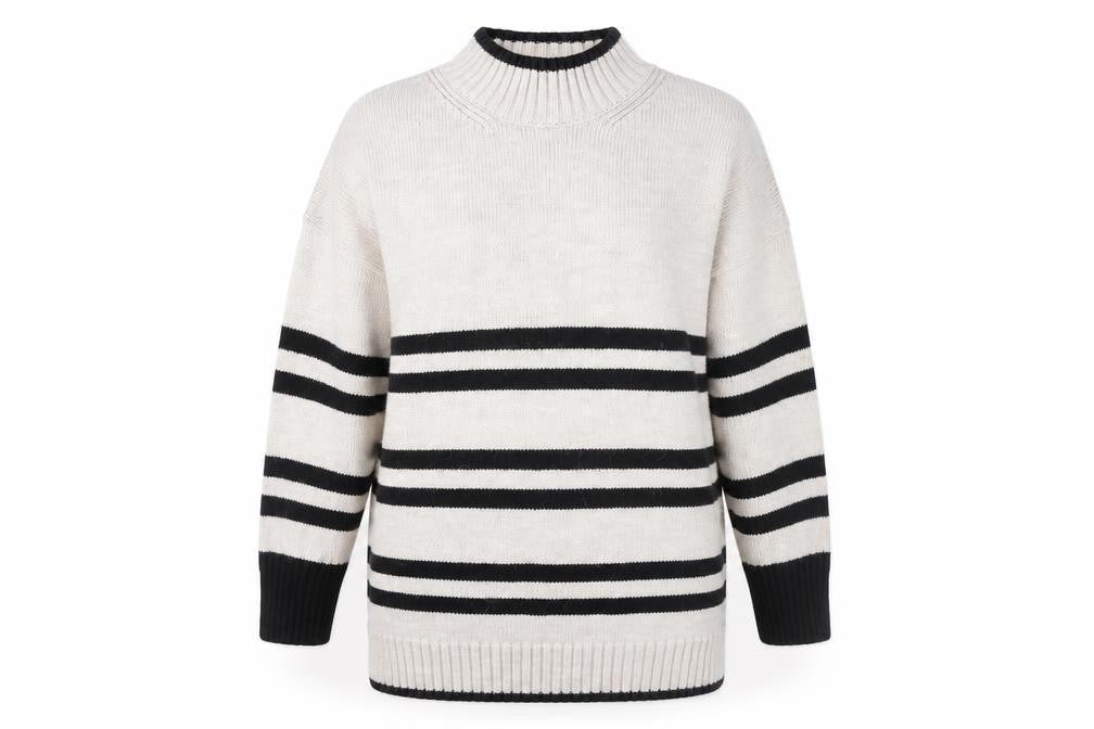Next Women’s Beige Black Striped Pullover Jumper L Mock Neck Knitwear