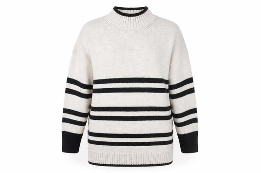 Front view of Next Women’s Beige Black Striped jumper L Mock Neck Knitwear