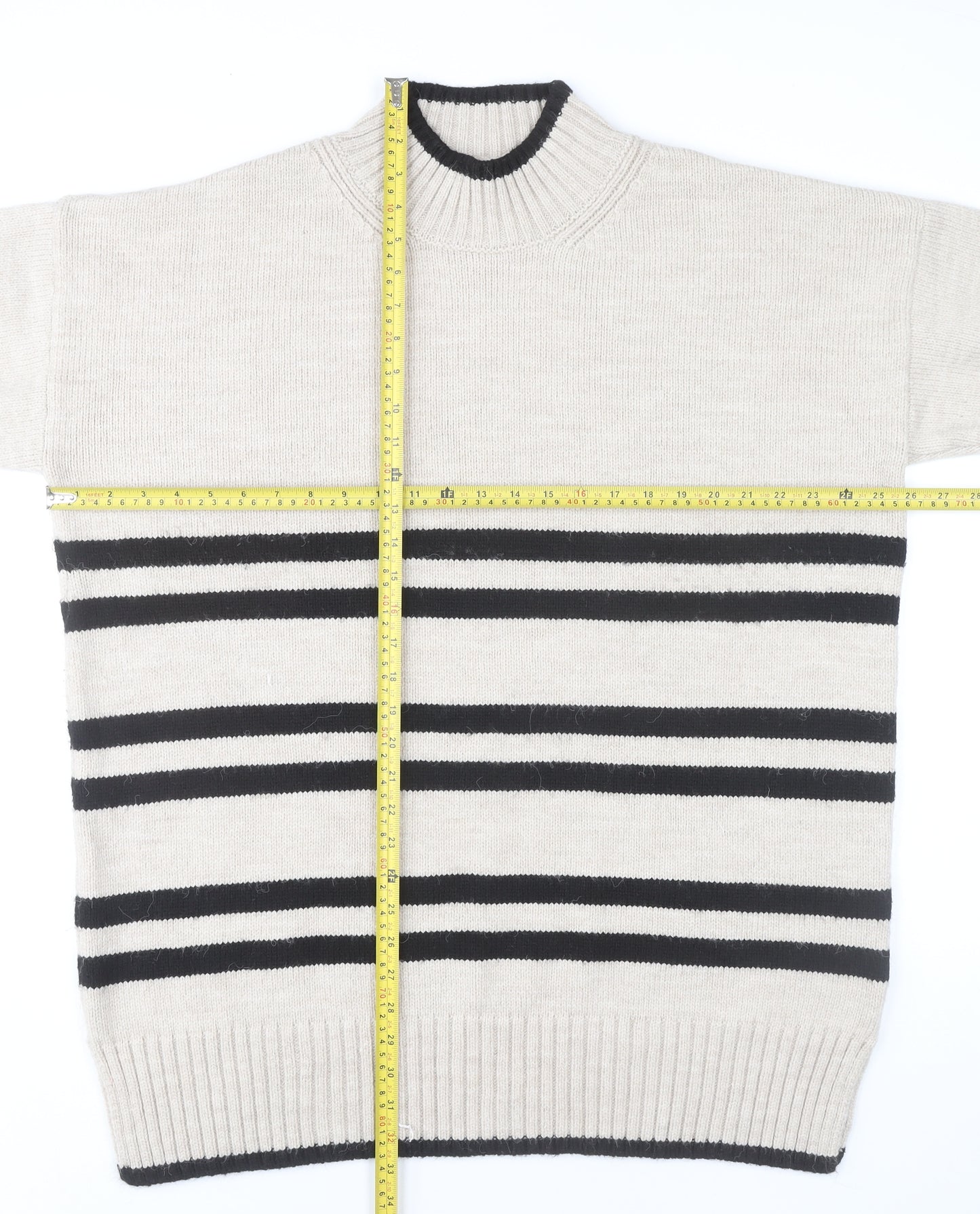 Next Women’s Beige Black Striped Pullover Jumper L Mock Neck Knitwear