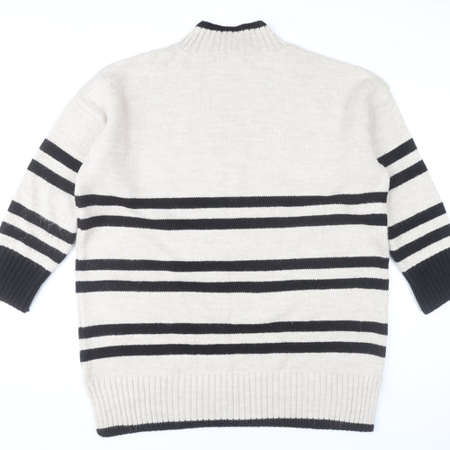 Next Women’s Beige Black Striped Pullover Jumper L Mock Neck Knitwear