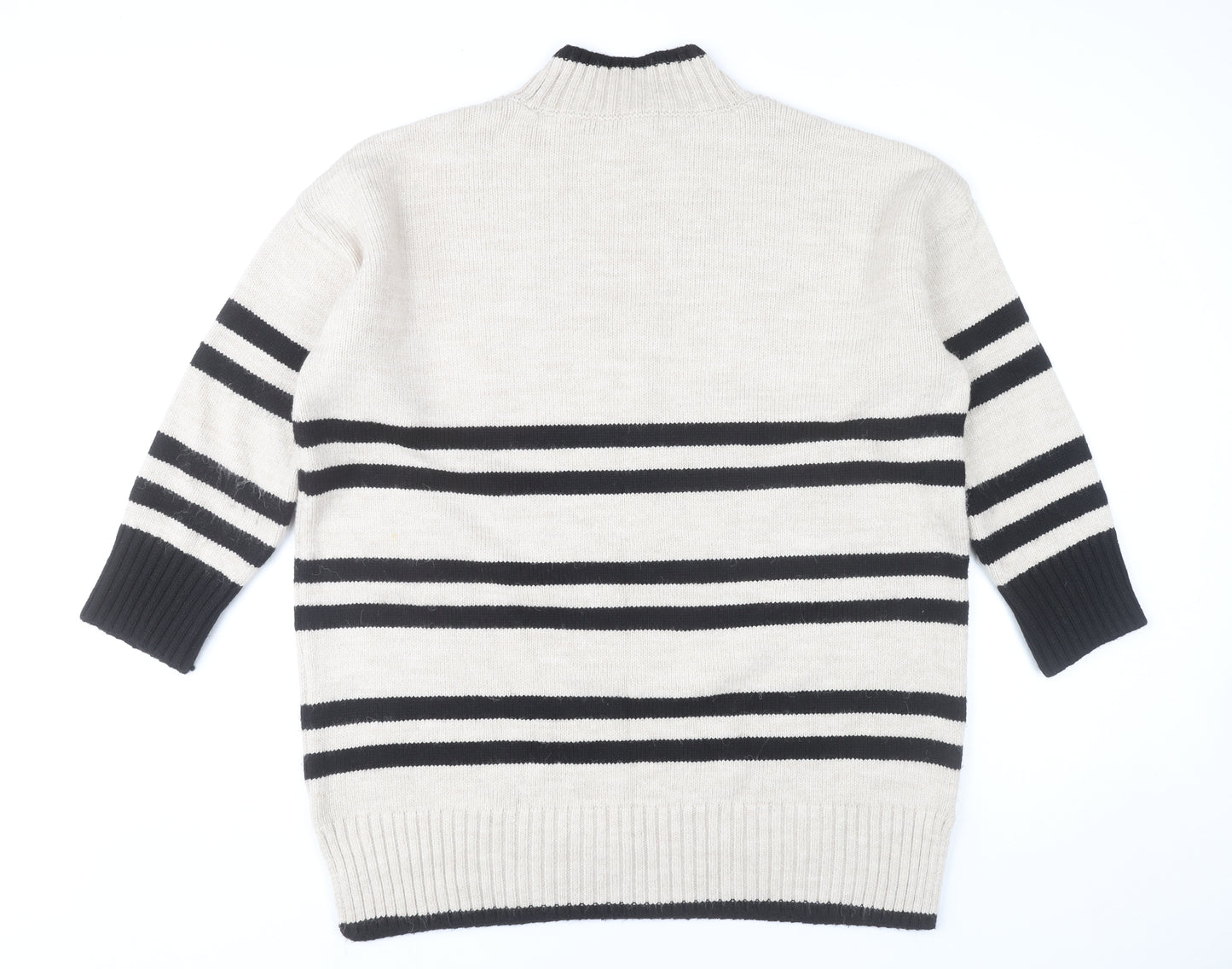 Next Women’s Beige Black Striped Pullover Jumper L Mock Neck Knitwear