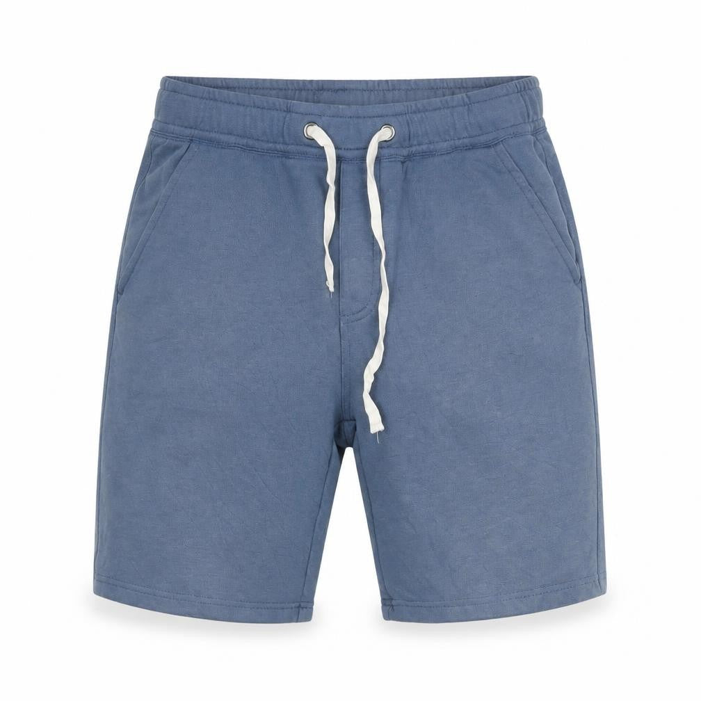 Front view of Duck and Cover boys’ blue m sweat shorts with drawstring pockets