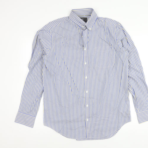 Marks and Spencer Men's Blue Striped Cotton Button-Up Shirt 15.5 Regular Fit