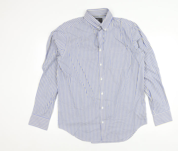 Marks and Spencer Men's Blue Striped Cotton Button-Up Shirt 15.5 Regular Fit