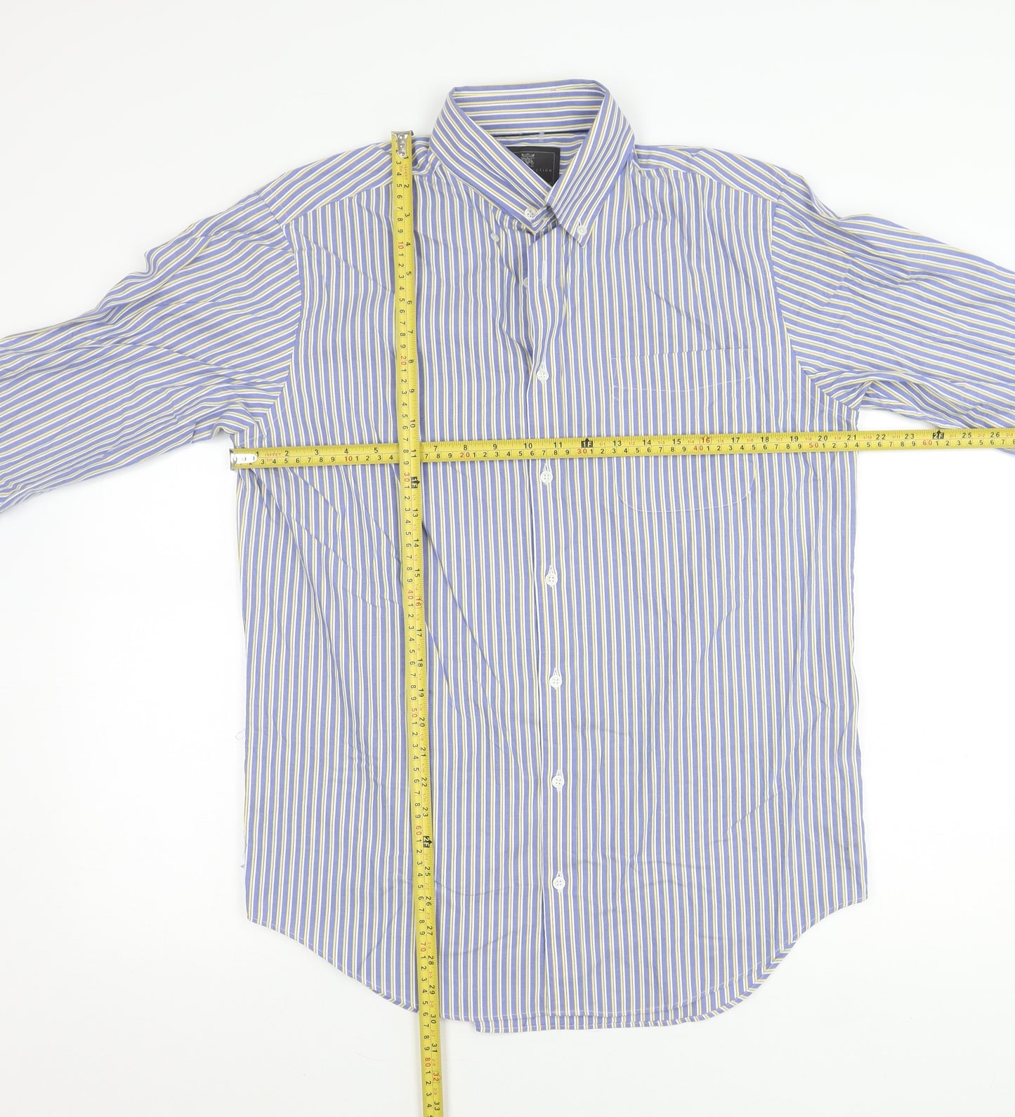 Marks and Spencer Men's Blue Striped Cotton Button-Up Shirt 15.5 Regular Fit