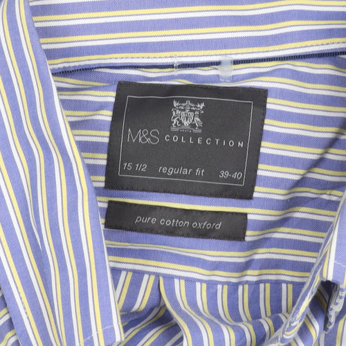 Marks and Spencer Men's Blue Striped Cotton Button-Up Shirt 15.5 Regular Fit