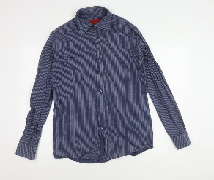 Hugo Boss Men’s Blue Striped Cotton Long Sleeve Button-Up Shirt M